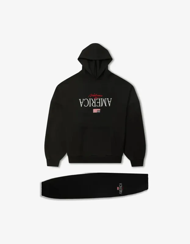 Willy Chavarria Black Welcome To America Hooligan Hoodie & Sweatpant made by Willy Chavarria