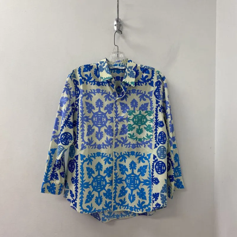 ZARA WOMEN'S BLOUSE/SHIRT ivory blue green M sold by The Comeback