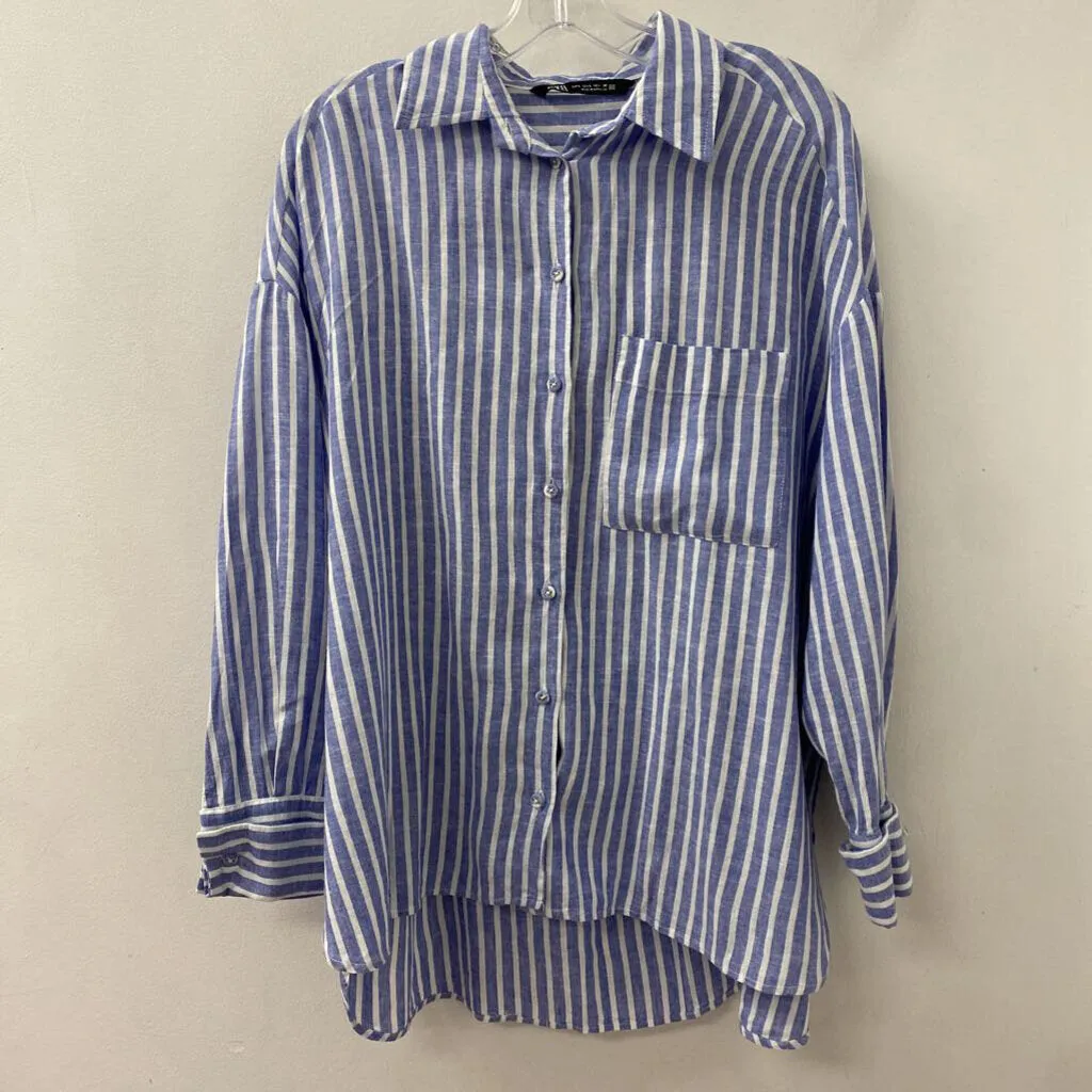 ZARA WOMEN'S BLOUSE/SHIRT blue white L sold by The Comeback