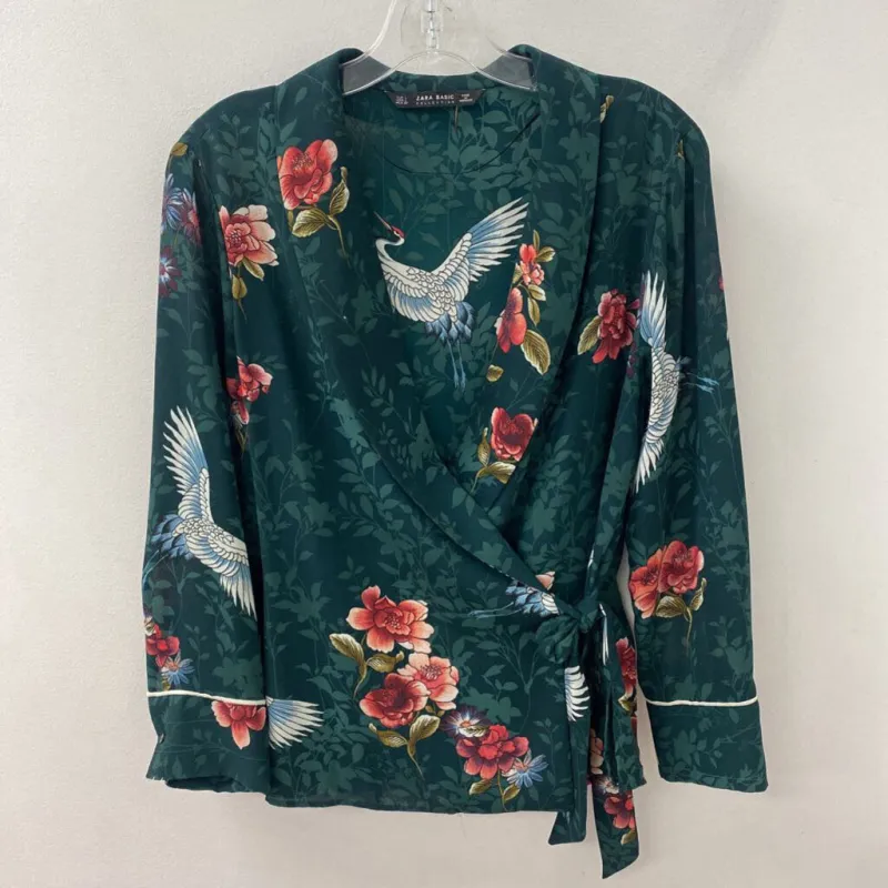 ZARA WOMEN'S BLOUSE/SHIRT green bird & floral print L made by Zara