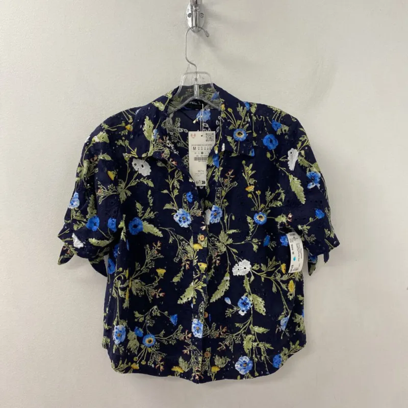ZARA WOMEN'S BLOUSE/SHIRT navy lime floral M made by Zara