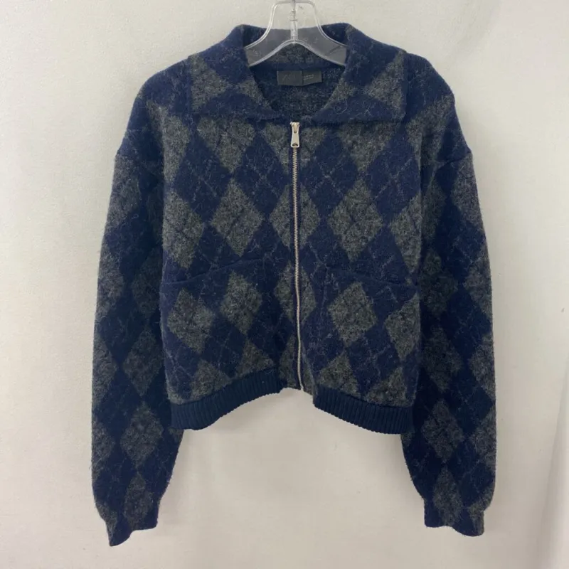 ZARA WOMEN'S CARDIGAN navy grey argyle M made by Zara