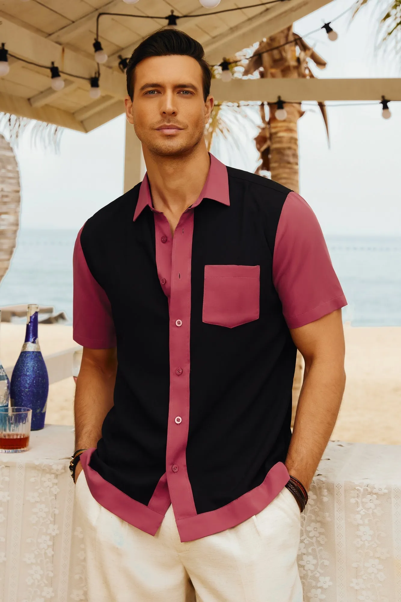 Mens Contrast 70s Vintage Bowling Shirt Short Sleeve Button Down Summer Cardigans sold by Paul Jones