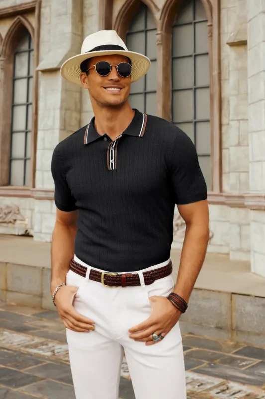 Mens Knitted Polo Shirts Short Sleeve Textured Pullover Golf Polo T Shirts sold by Paul Jones