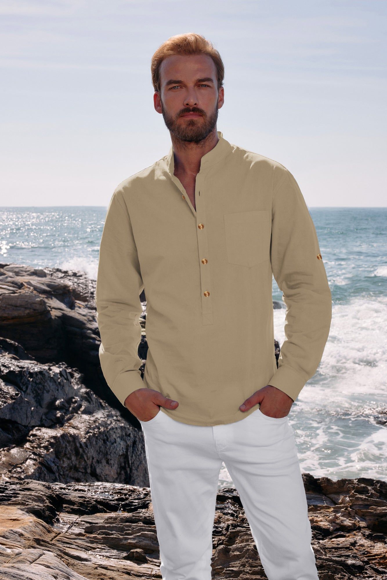 Men's Cotton Henley Shirts Long Sleeve Casual Lightweight Beach Cardigans T Shirts sold by Paul Jones product image thumbnail 5