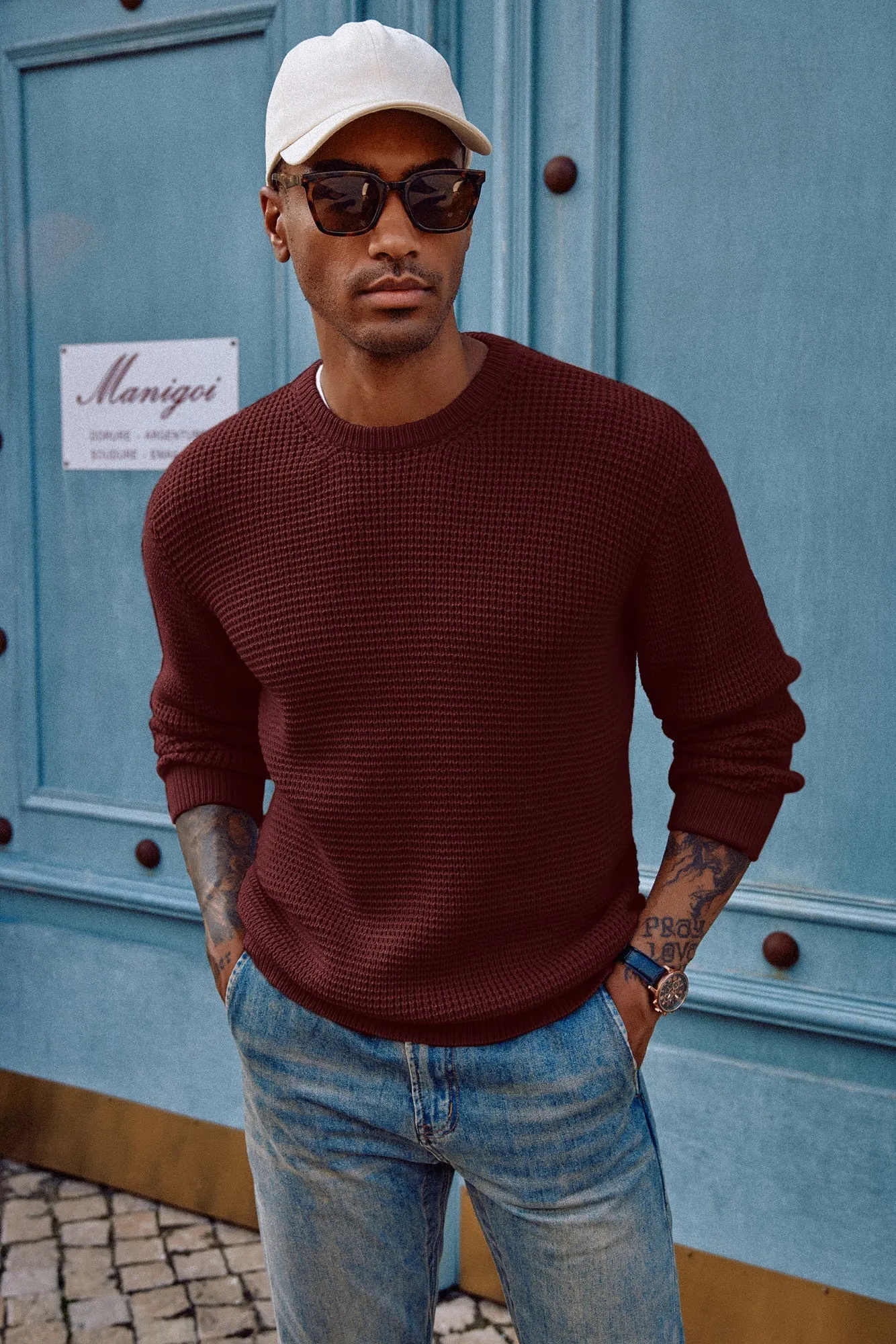 Mens Crewneck Pullover Sweater Waffle Textured Long Sleeve Knitted Sweater sold by Paul Jones