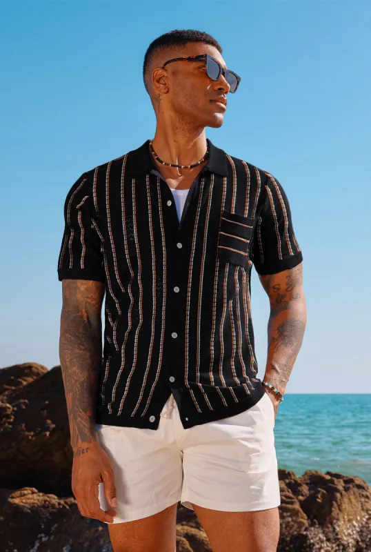 Men Contrast Color Cardigan Short Sleeve Knit Shirt Lapel Collar Button-up Sweater sold by Paul Jones