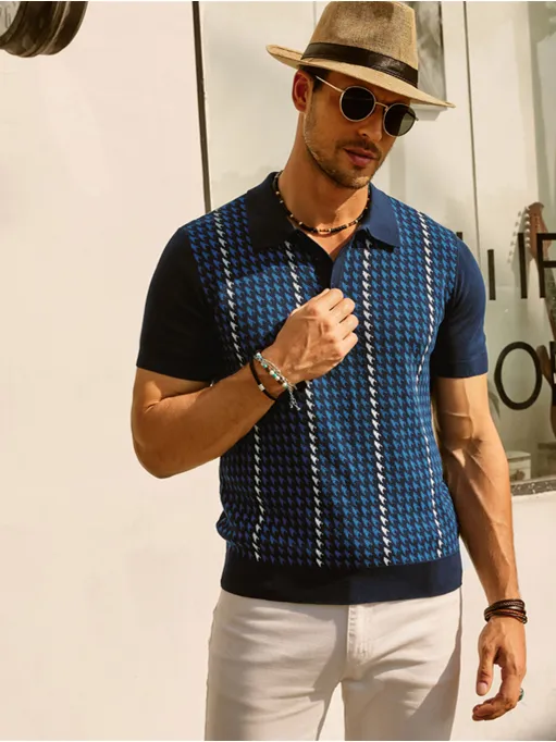 Men's Vintage Polo Pullover Shirts Lightweight Knit Houndstooth Golf Shirts sold by Paul Jones product image thumbnail 2