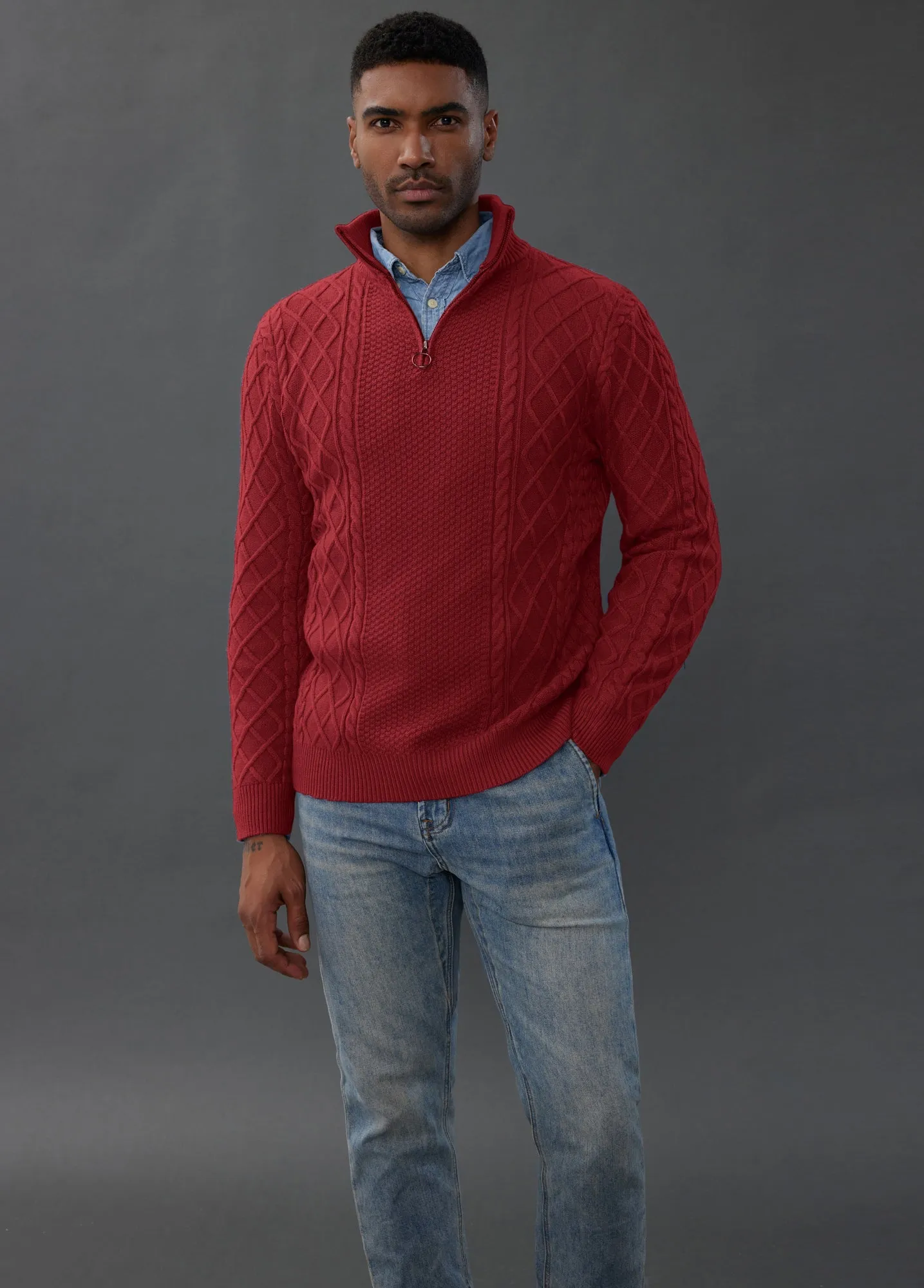 Men's Casual Quarter-Zip Sweaters Cable Knit Thermal Pullover Wine sold by Paul Jones product image thumbnail 2