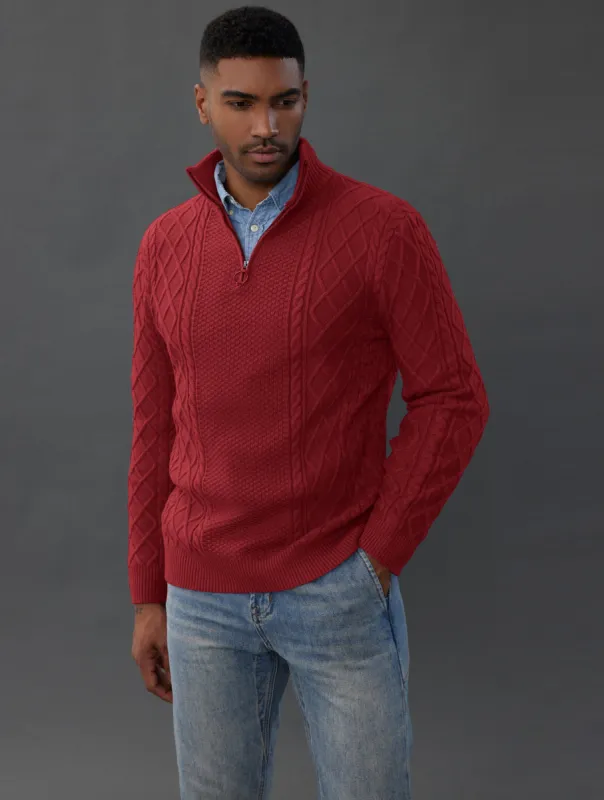 Men's Casual Quarter-Zip Sweaters Cable Knit Thermal Pullover Wine sold by Paul Jones