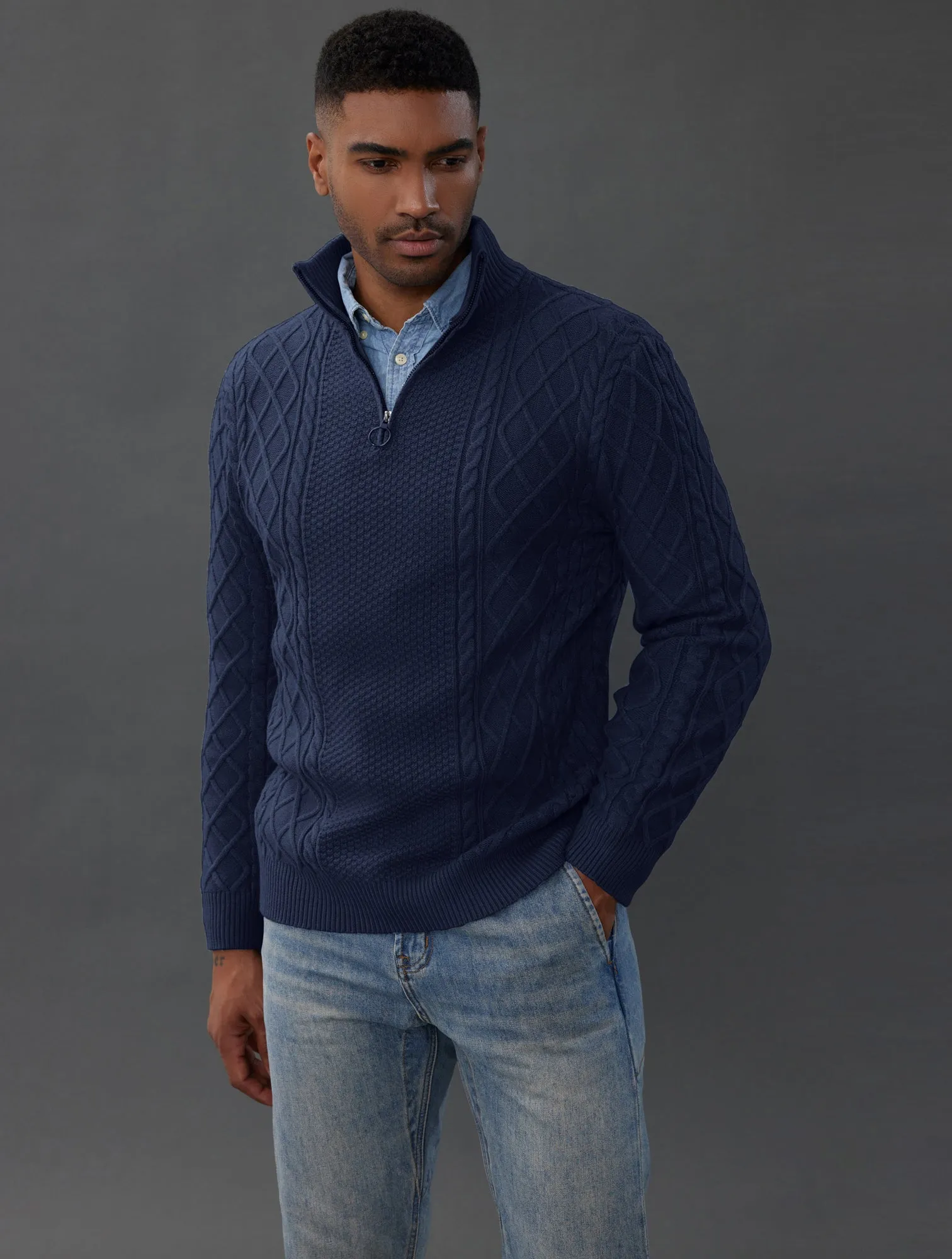 Men's Casual Quarter-Zip Sweaters Cable Knit Thermal Pullover Wine sold by Paul Jones product image thumbnail 5