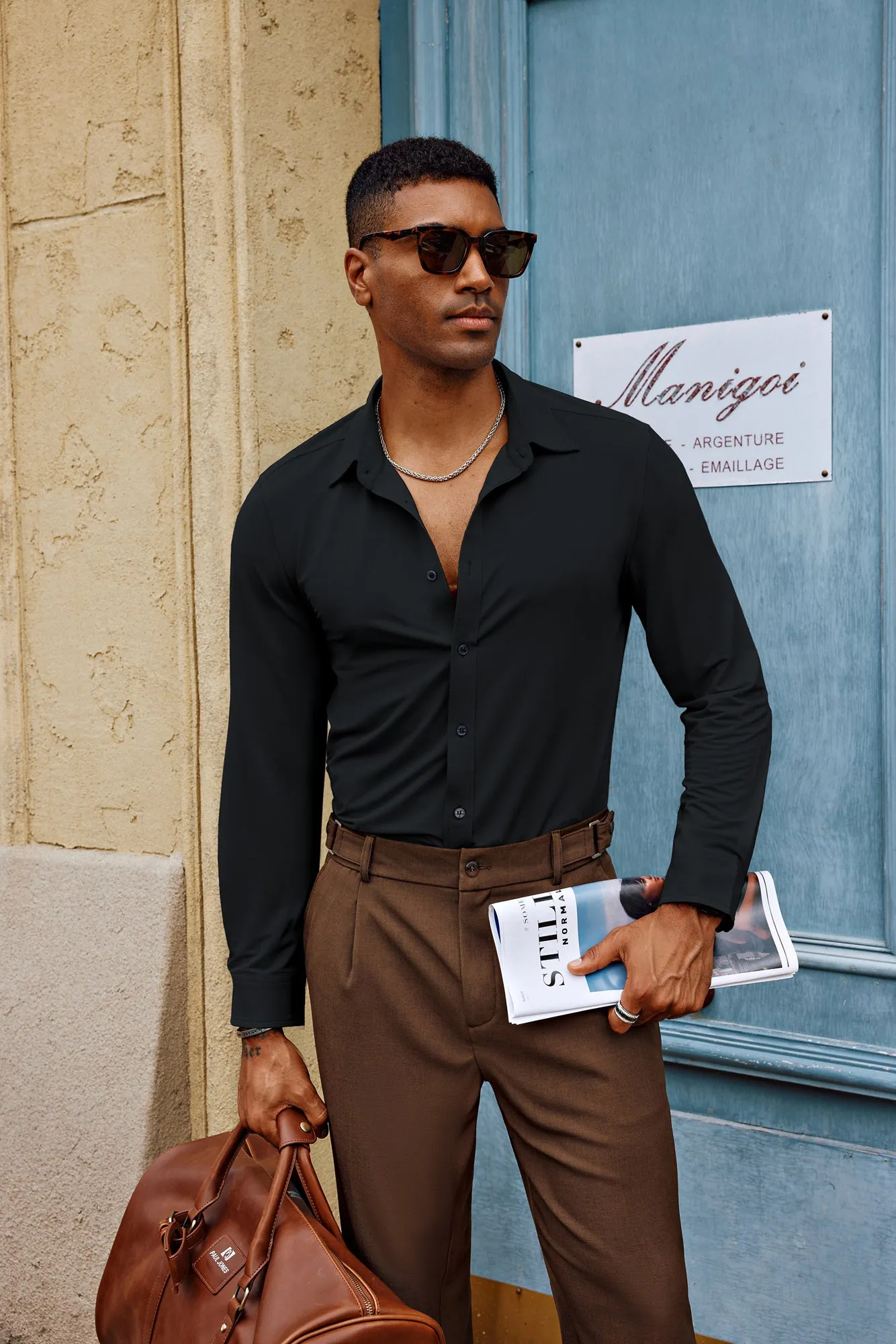 Men Classic Collar Shirt Casual Long Sleeve Stretchy Button-up Tops sold by Paul Jones