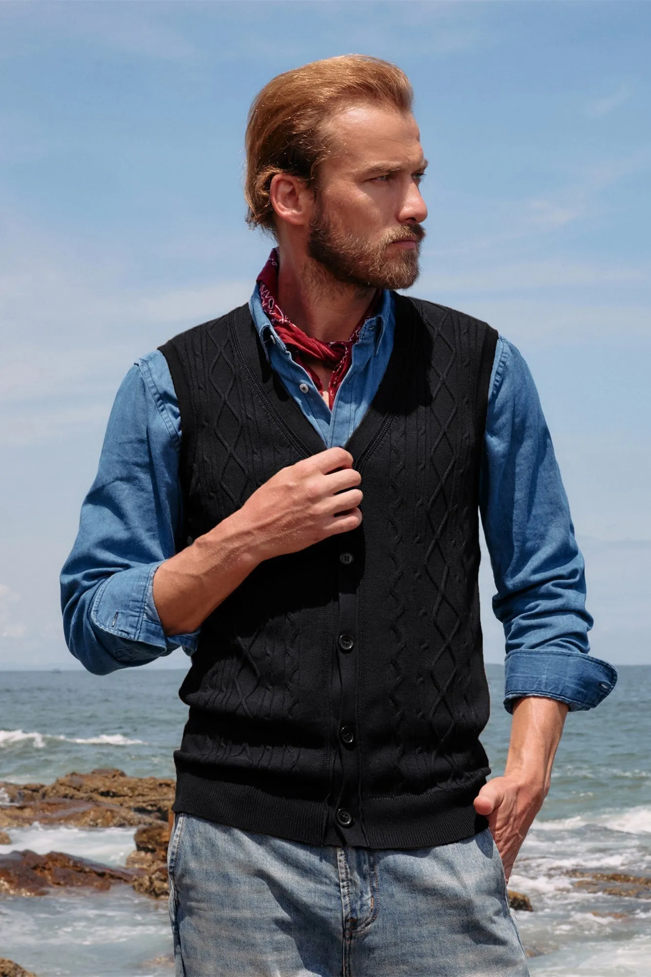 Mens V-Neck Sweater Vest Cable Knitted Button-Up Sleeveless Cardigan Vest sold by Paul Jones product image thumbnail 2