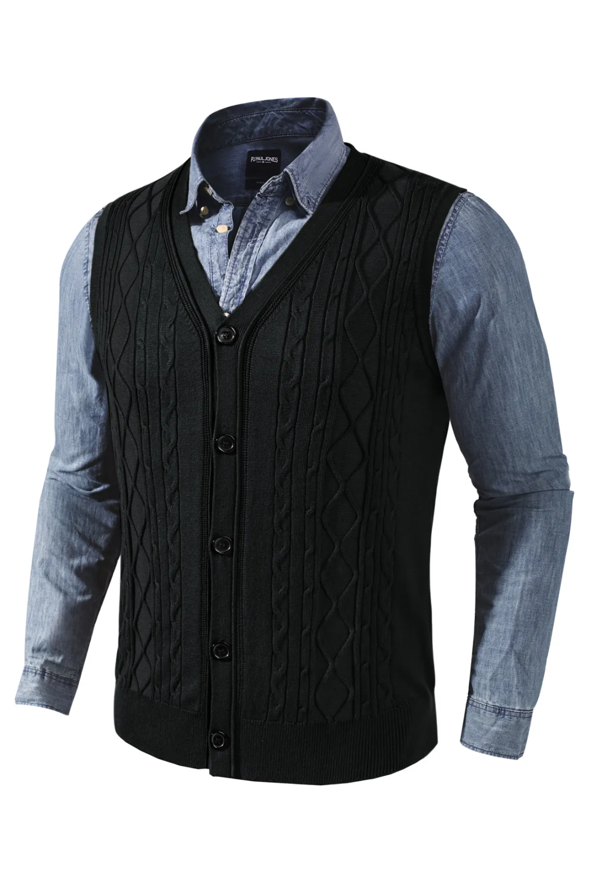 Mens V-Neck Sweater Vest Cable Knitted Button-Up Sleeveless Cardigan Vest sold by Paul Jones product image thumbnail 4