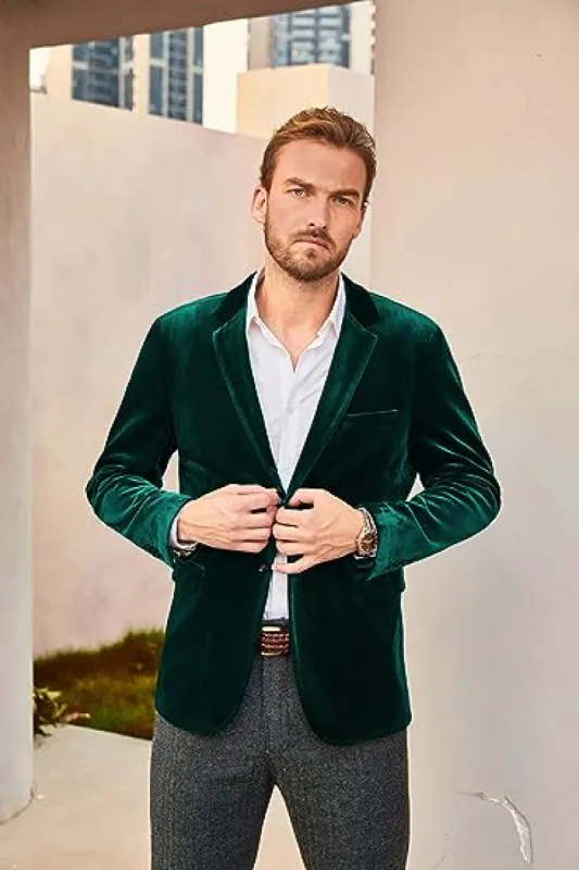 Men's Velvet Party Blazer Stylish Notch Lapel Two Buttons Blazer Coat sold by Paul Jones