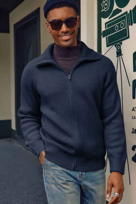 PJ Men's Full Zip Cardigan Sweaters Unisex Lapel Collar Raglan Sleeve Casual Ribbed Sweater sold by Paul Jones