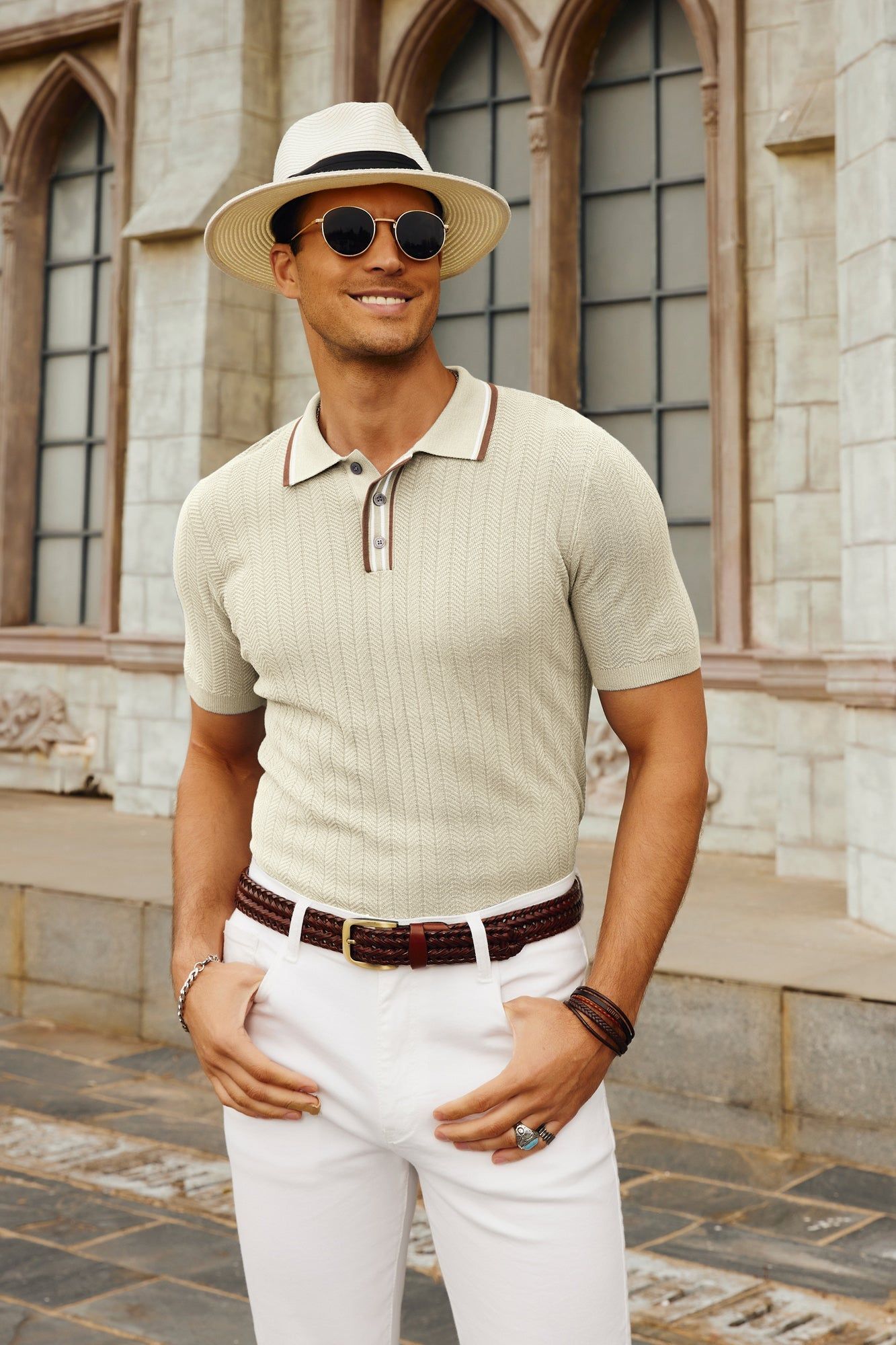 Mens Knit Polo Shirts Plaid Texture Golf Polo Lightweight Vintage Shirts Contrast Color Polo Top sold by Paul Jones product image thumbnail 2