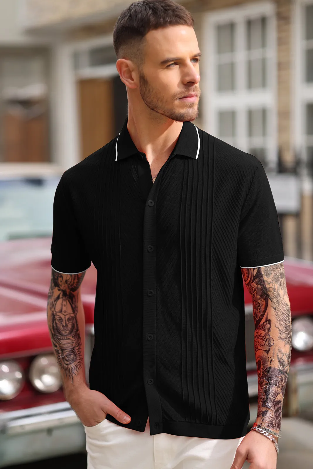 Men Textured Cardigan Sweater Short Sleeve Lapel Collar Button-up Knitwear sold by Paul Jones product image thumbnail 2