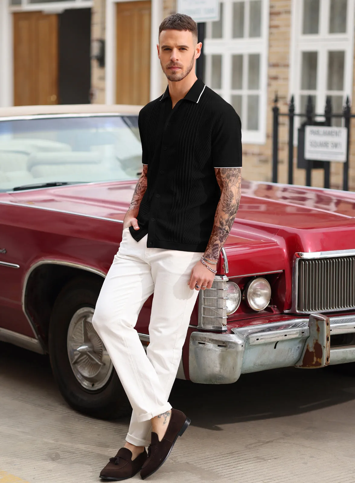 Men Textured Cardigan Sweater Short Sleeve Lapel Collar Button-up Knitwear sold by Paul Jones product image thumbnail 5