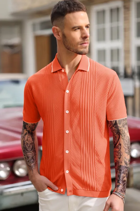 Men Textured Cardigan Sweater Short Sleeve Lapel Collar Button-up Knitwear sold by Paul Jones