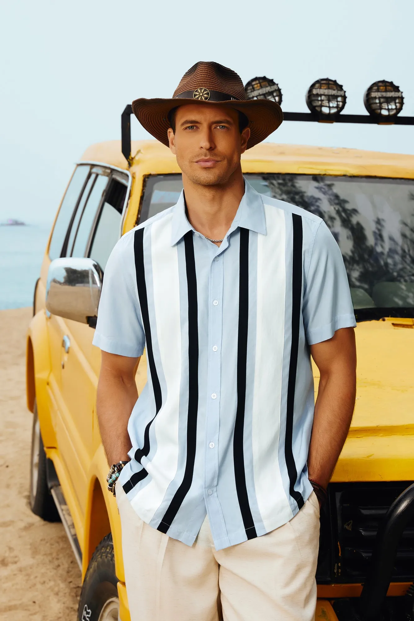 Men's Vintage Bowling Cardigans Shirts Striped Button Down Short Sleeve Summer Hawaiian Shirt sold by Paul Jones