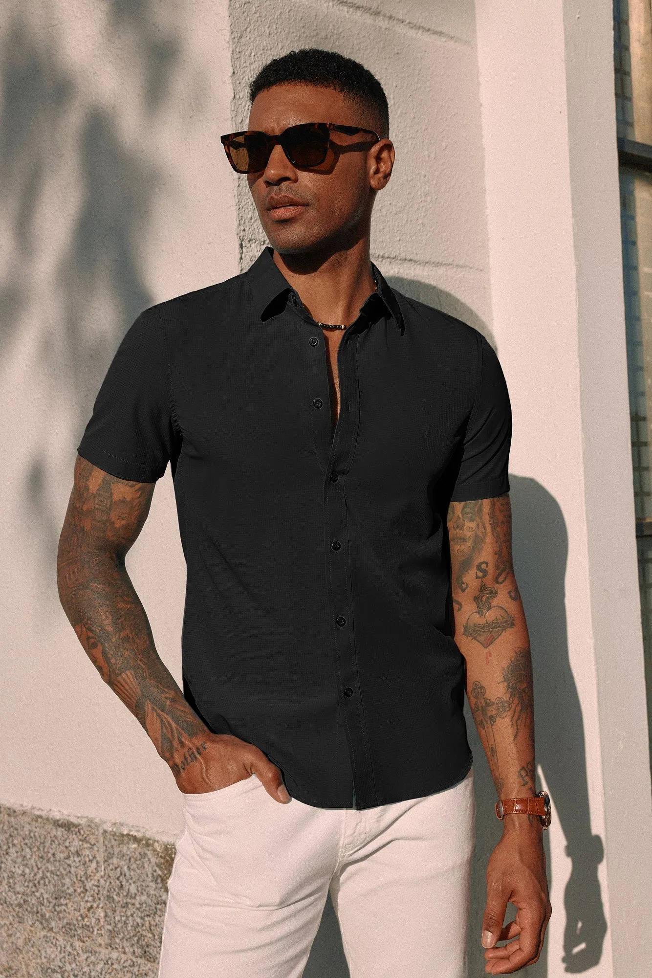 Paul Jones Men Stylish Basic Shirt Short Sleeve Classic Collar Button-up Shirt Tops sold by Paul Jones product image thumbnail 4