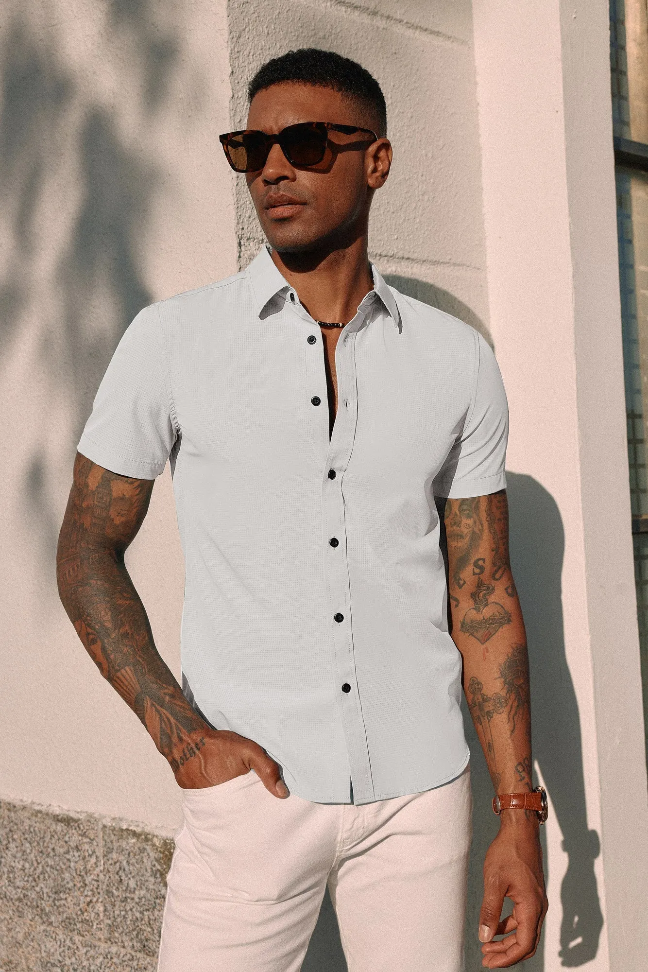 Paul Jones Men Stylish Basic Shirt Short Sleeve Classic Collar Button-up Shirt Tops sold by Paul Jones
