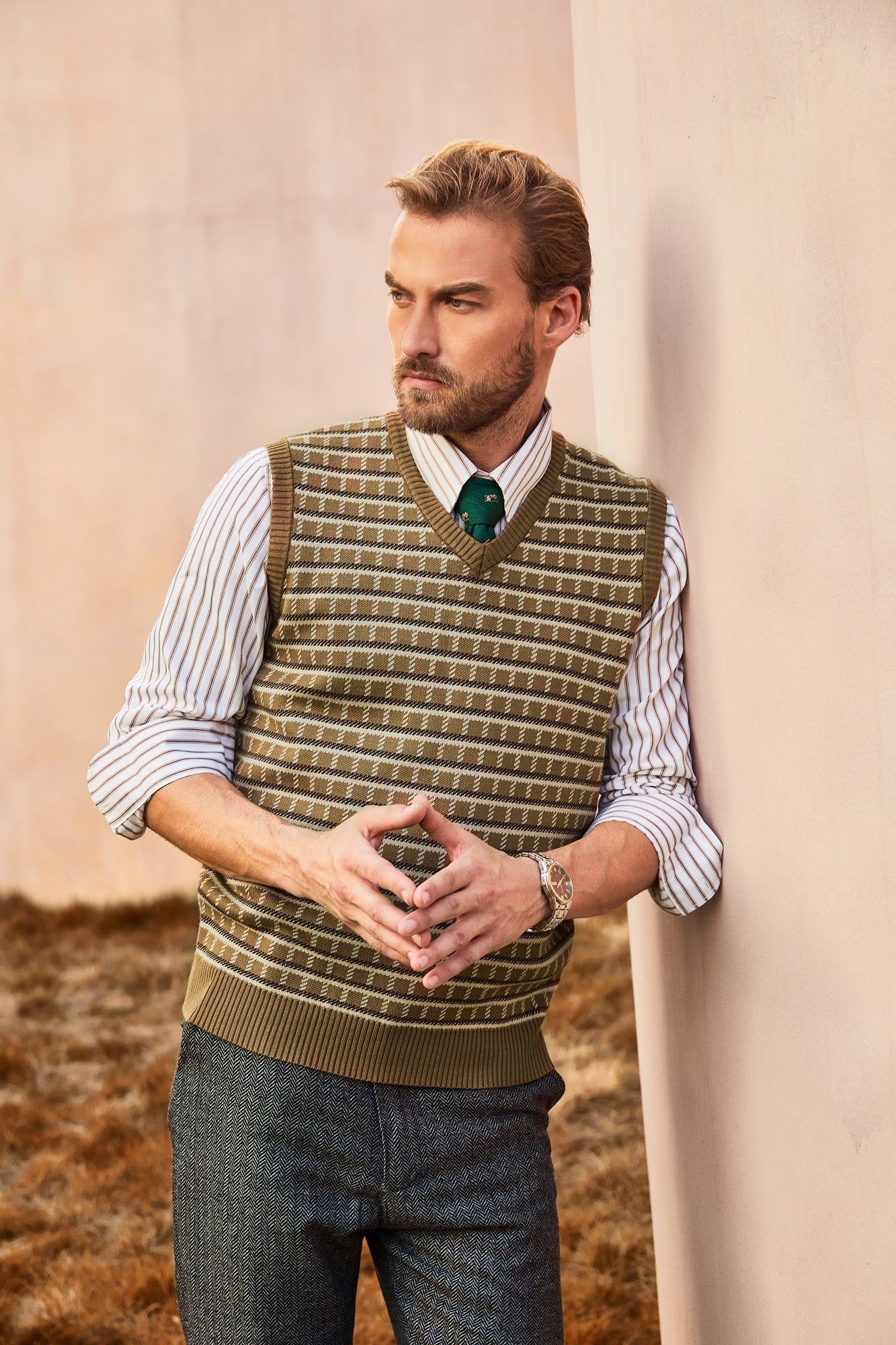 Men's Sweater Vest V-Neck Sleeveless Vintage Check Pattern Contrast Pullover Casual Vest sold by Paul Jones