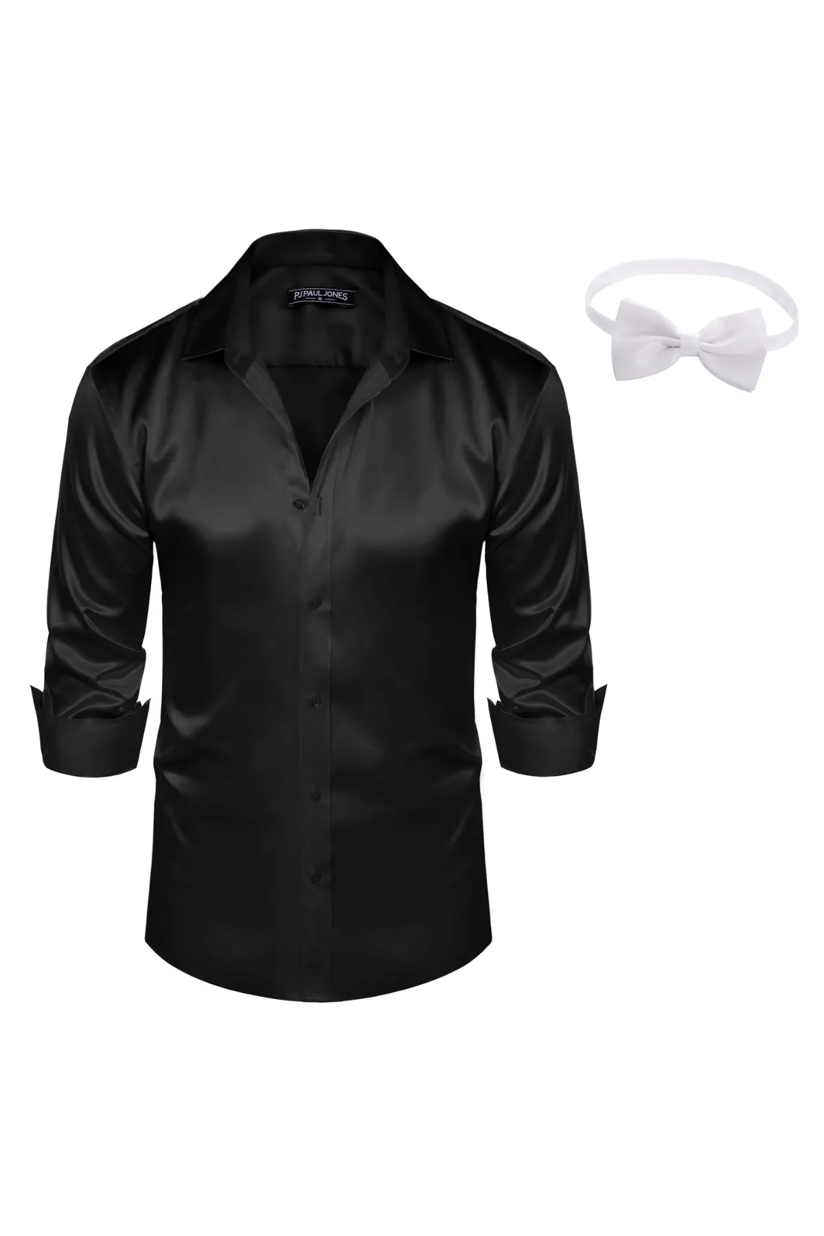 Men's Shiny Satin Dress Shirts Long Sleeve Button Down Silk Cardigans Shirts with Bow Tie sold by Paul Jones product image thumbnail 4