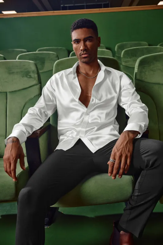 Men's Shiny Satin Dress Shirts Long Sleeve Button Down Silk Cardigans Shirts with Bow Tie sold by Paul Jones