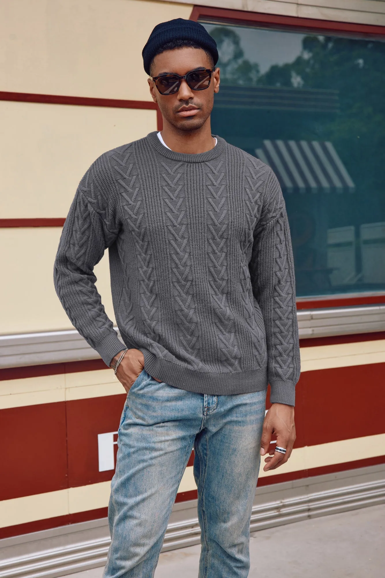 PJ Mens Crewneck Sweater Casual Cable Knit Pullover Sweater Drop Shoulder Solid Knitted Sweaters sold by Paul Jones product image thumbnail 2