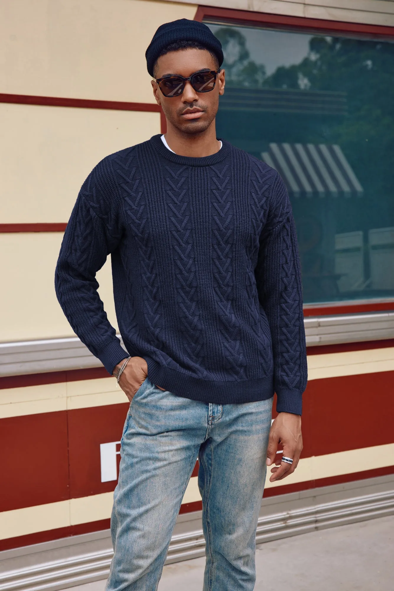 PJ Mens Crewneck Sweater Casual Cable Knit Pullover Sweater Drop Shoulder Solid Knitted Sweaters sold by Paul Jones