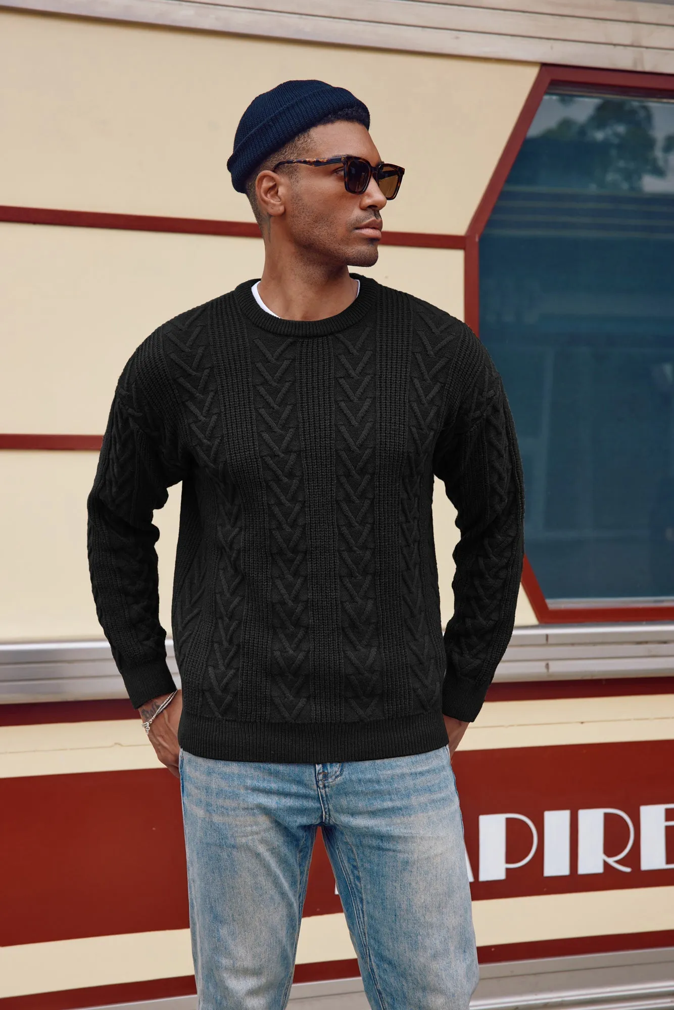 PJ Mens Crewneck Sweater Casual Cable Knit Pullover Sweater Drop Shoulder Solid Knitted Sweaters sold by Paul Jones product image thumbnail 5