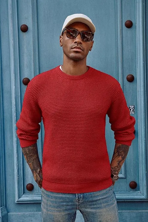 Mens Crewneck Pullover Sweater Waffle Textured Long Sleeve Knitted Sweaters sold by Paul Jones
