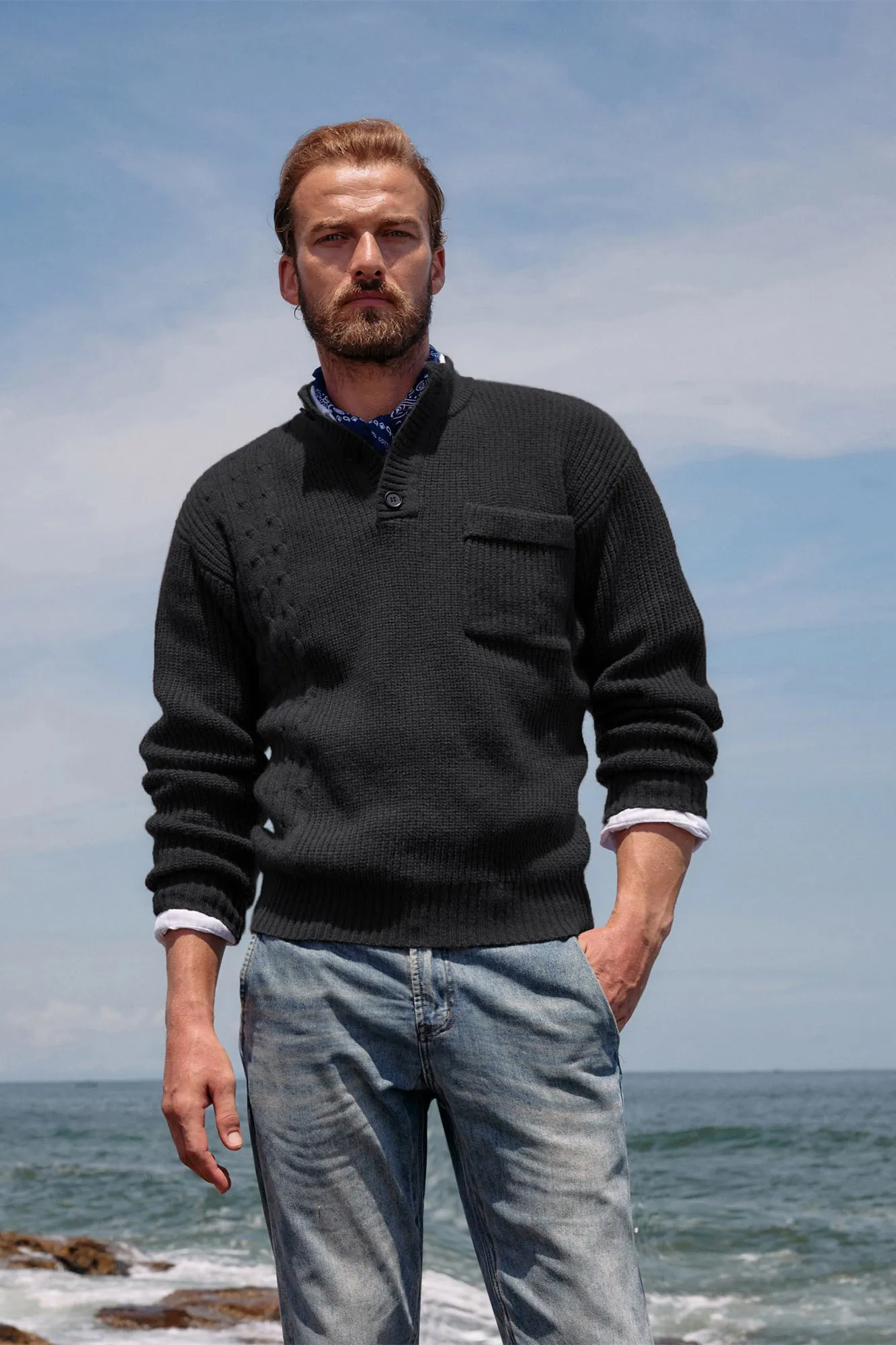 Men's Quarter Button Sweater Stand Collar Knitted Pullover Henley Sweater with Pocket sold by Paul Jones product image thumbnail 2