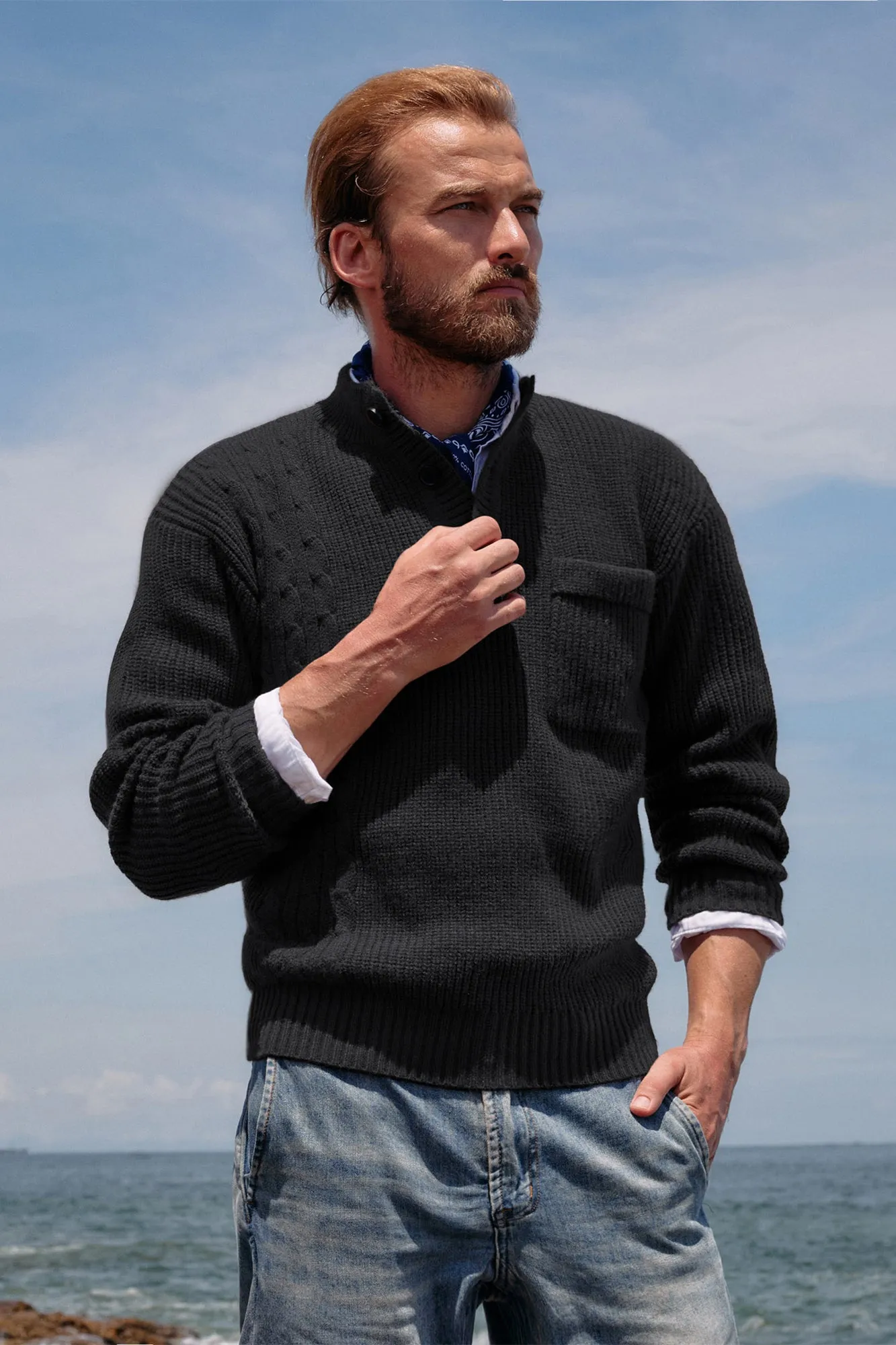 Men's Quarter Button Sweater Stand Collar Knitted Pullover Henley Sweater with Pocket sold by Paul Jones