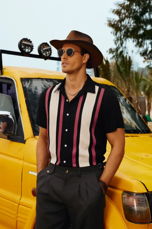 Men's Vintage Bowling Shirt Striped Button Down Short Sleeve Summer Hawaiian Shirt sold by Paul Jones