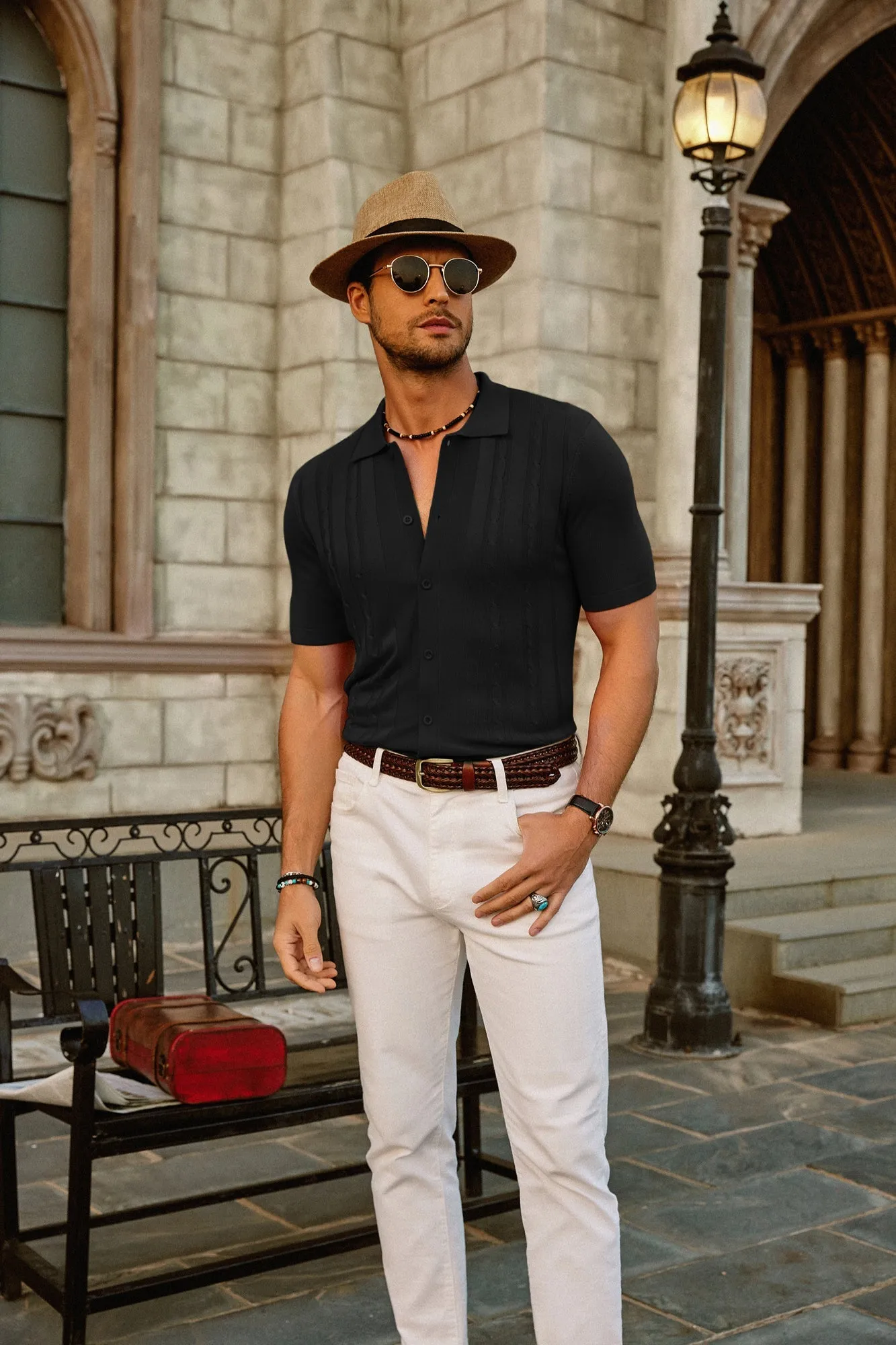 Mens Knit Polo Shirts Vintage Striped Button Down Knitted Golf Cardigans Shirts sold by Paul Jones