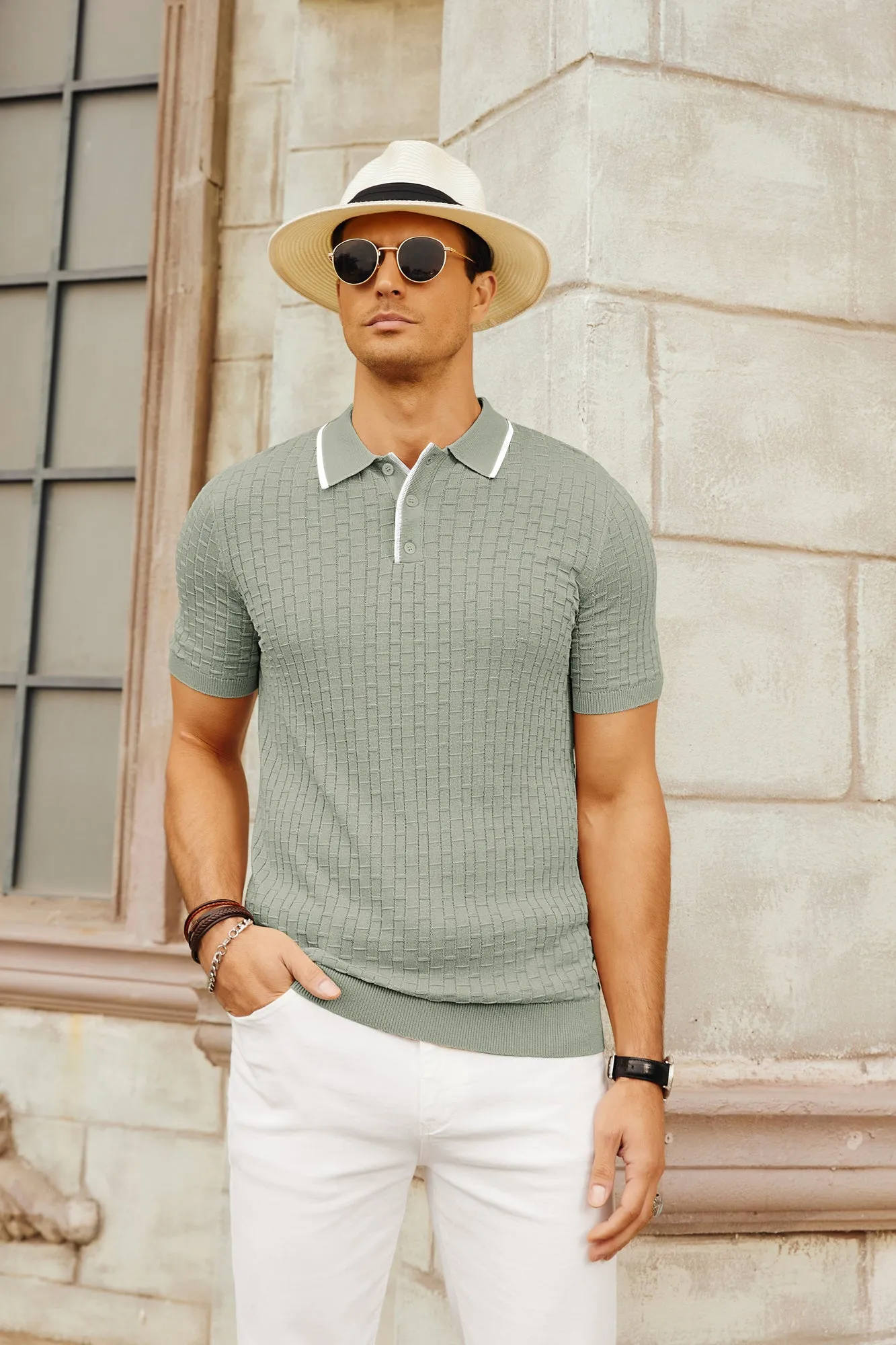 Mens Knitted Polo Shirts Short Sleeve Texture Golf Polo Pullover Shirt Casual Breathable Polo Shirt sold by Paul Jones