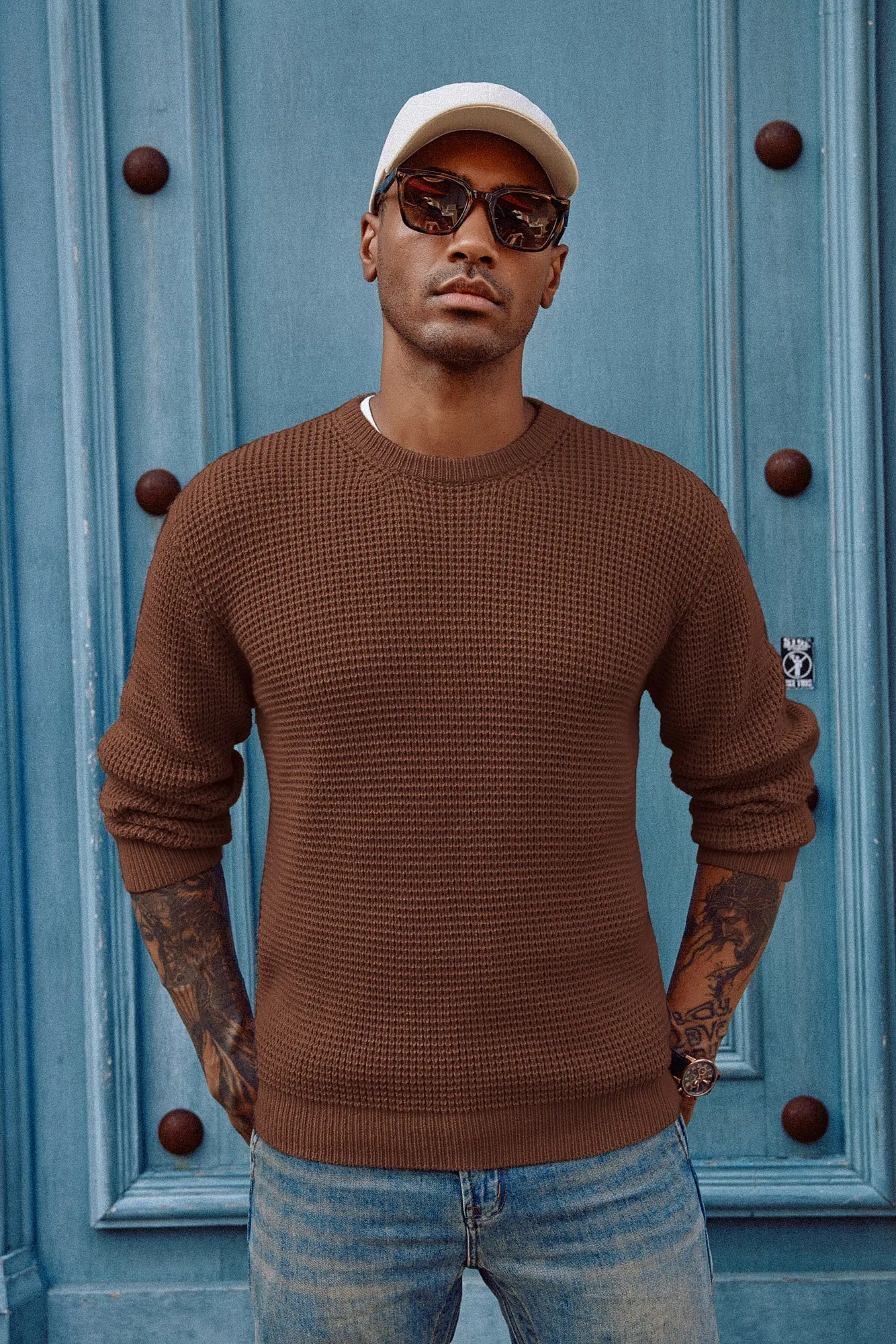 Mens Crewneck Pullover Sweaters Waffle Textured Long Sleeve Knitted Sweaters sold by Paul Jones