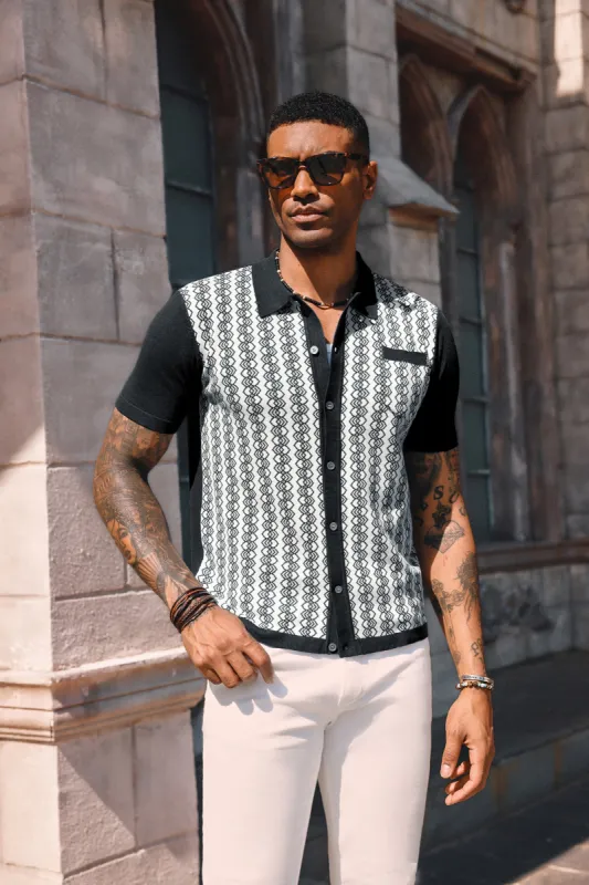 Men Contrast Color Cardigan Short Sleeve Lapel Collar Button-up Knitwear sold by Paul Jones