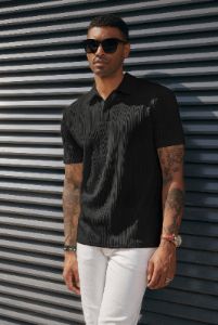 Men Textured Polo-Shirt Short Sleeve Lapel Collar Button-up Neck Tops sold by Paul Jones