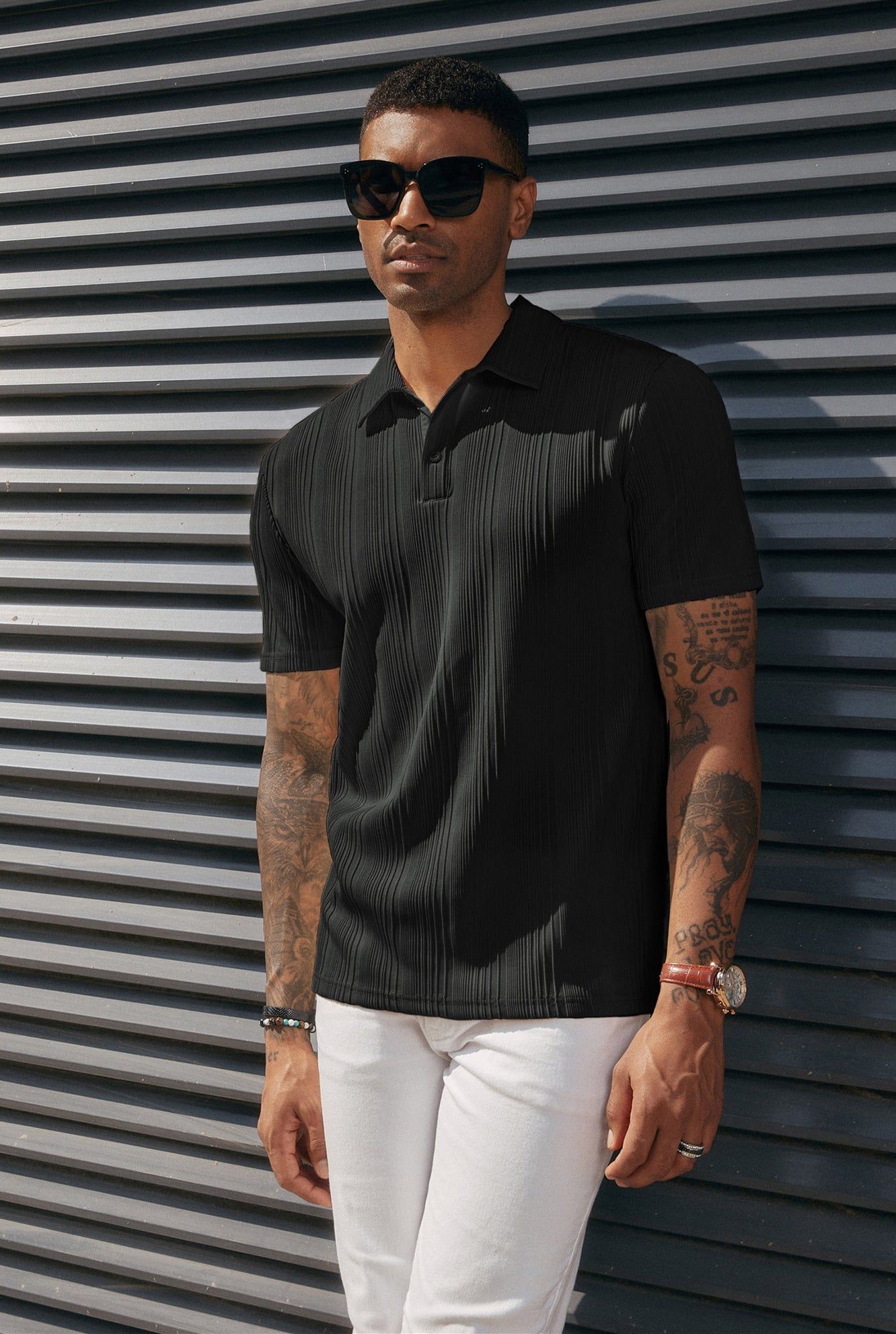 Men Textured Polo-Shirt Short Sleeve Lapel Collar Button-up Neck Tops sold by Paul Jones product image thumbnail 4
