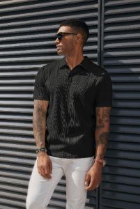 Men Textured Polo-Shirt Short Sleeve Lapel Collar Button-up Neck Tops sold by Paul Jones