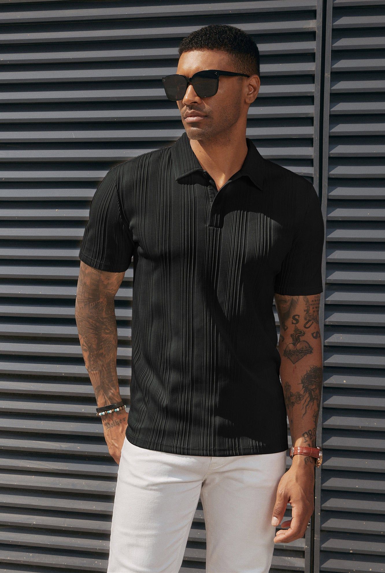 Men Textured Polo-Shirt Short Sleeve Lapel Collar Button-up Neck Tops sold by Paul Jones