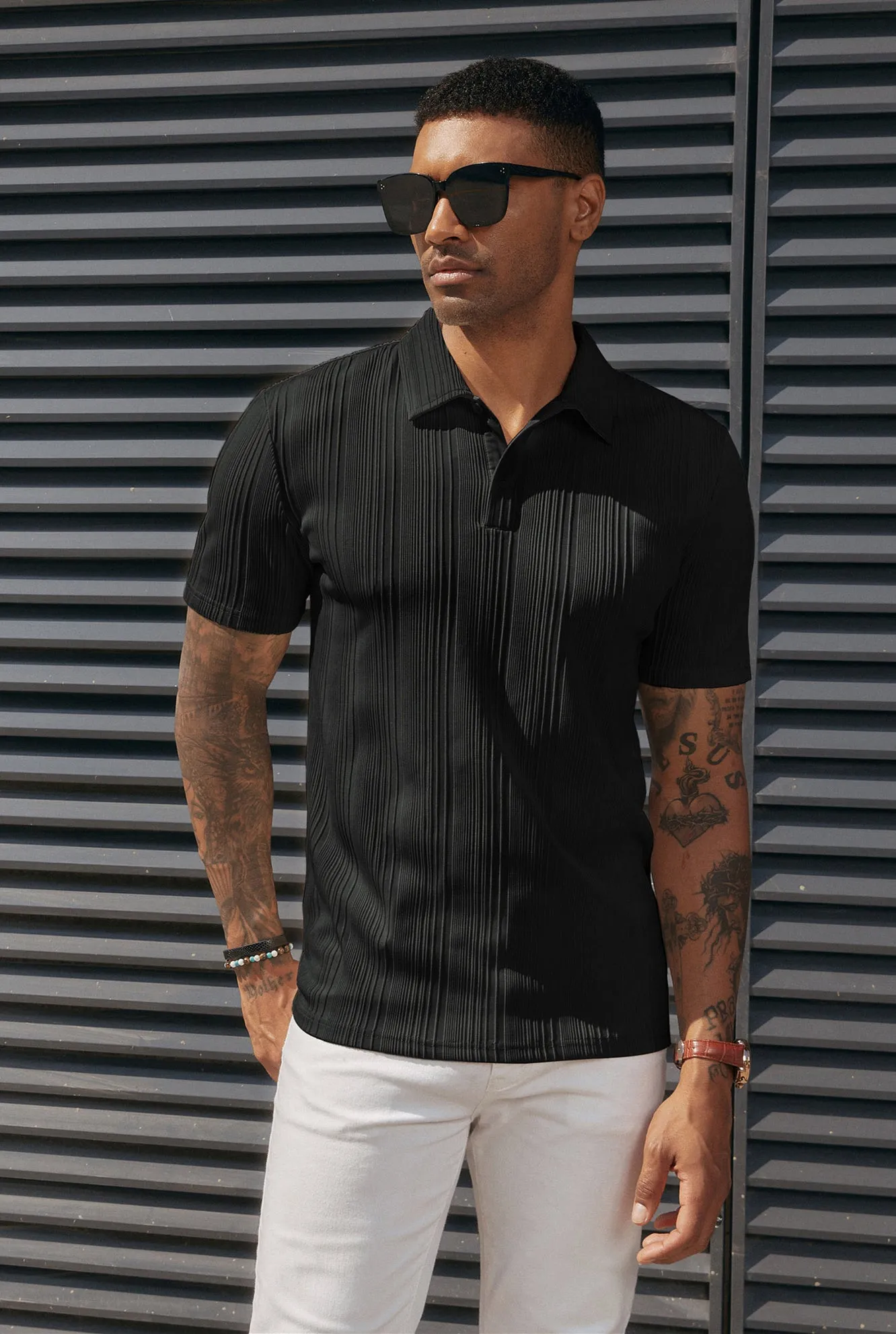 Mens Textured Knit Polo Shirts Regular Fit Stretchy Golf Shirts sold by Paul Jones