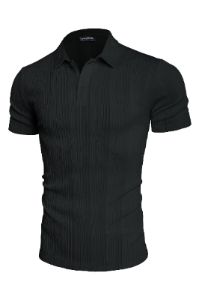 Men Textured Polo-Shirt Short Sleeve Lapel Collar Button-up Neck Tops sold by Paul Jones