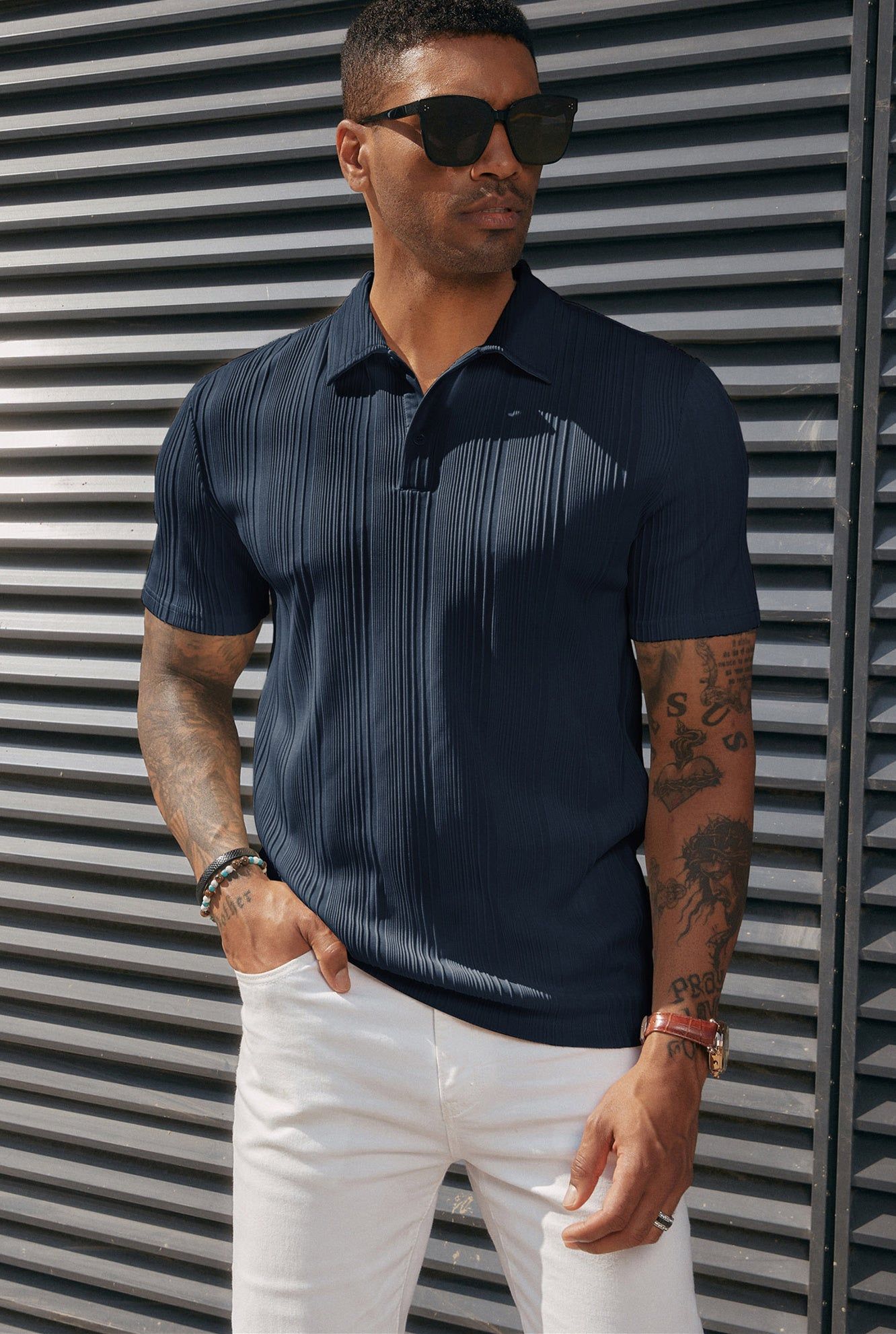Men Textured Polo-Shirt Short Sleeve Lapel Collar Button-up Neck Tops sold by Paul Jones product image thumbnail 2