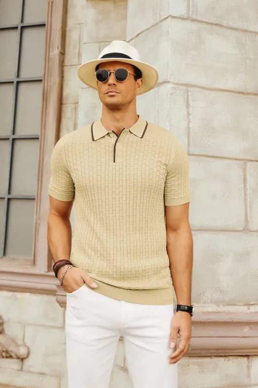 Mens Knit Polo Shirts Plaid Texture Golf Polo Lightweight Vintage Shirts Contrast Color Polo Top sold by Paul Jones