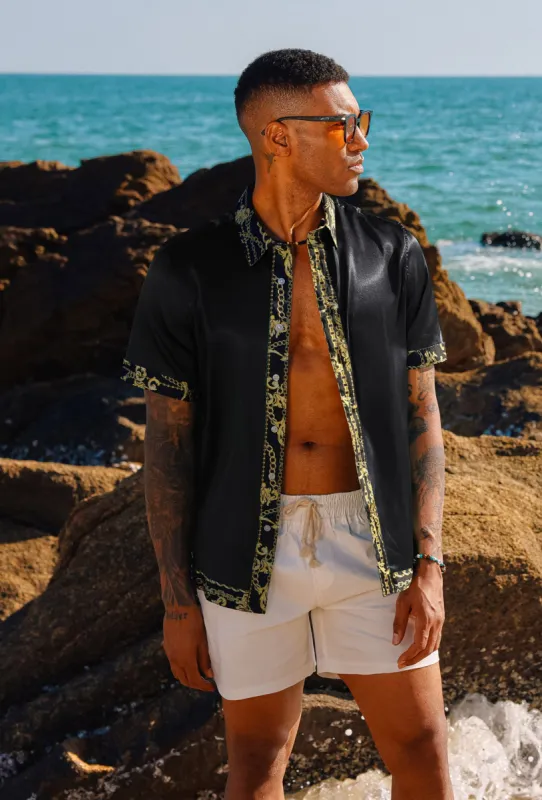 Mens Silk Satin Shirt Luxury Printed Button Down Hawaiian Shirts made by Paul Jones